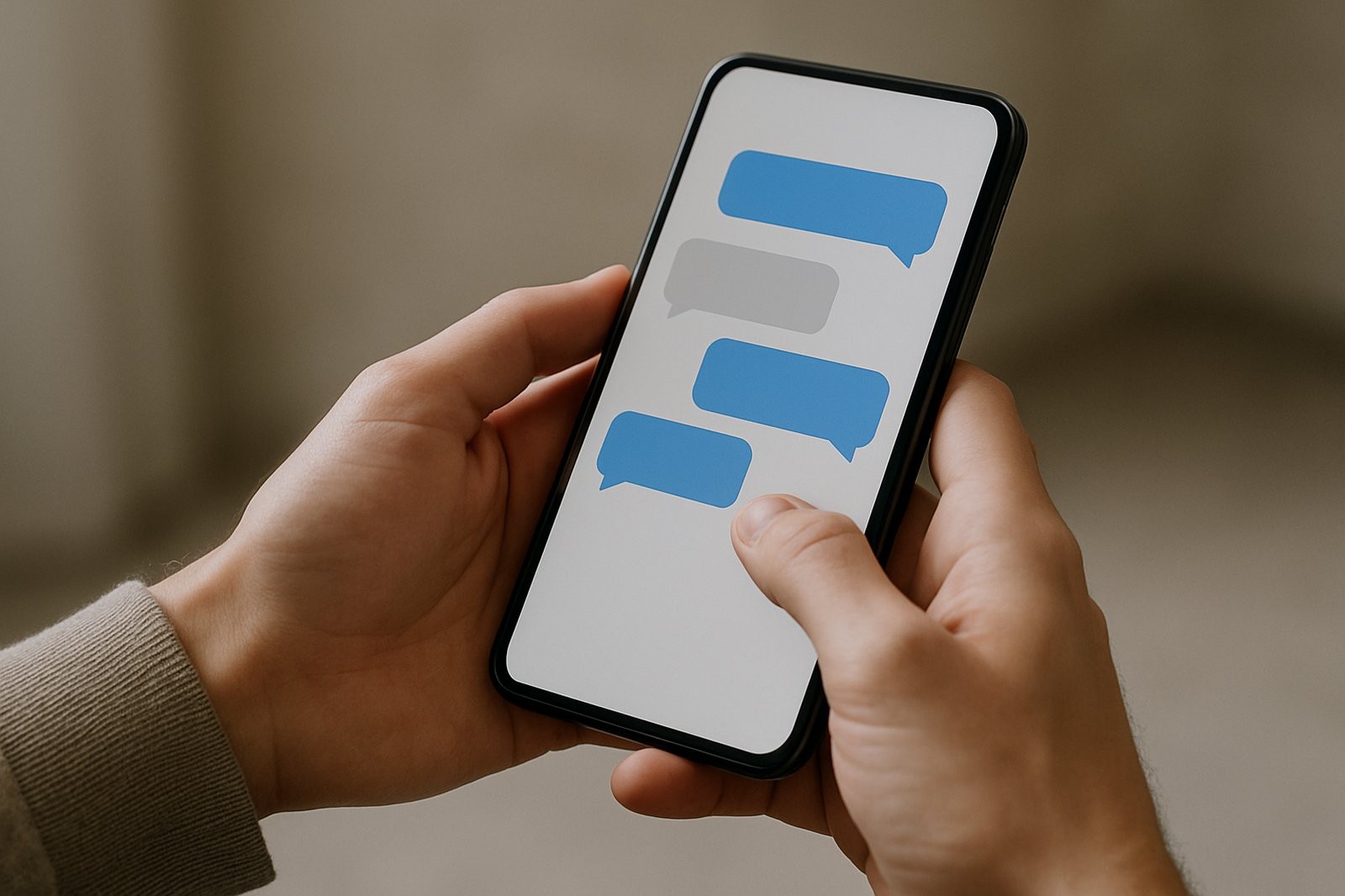 Hands holding a smartphone with active chat bubbles on screen