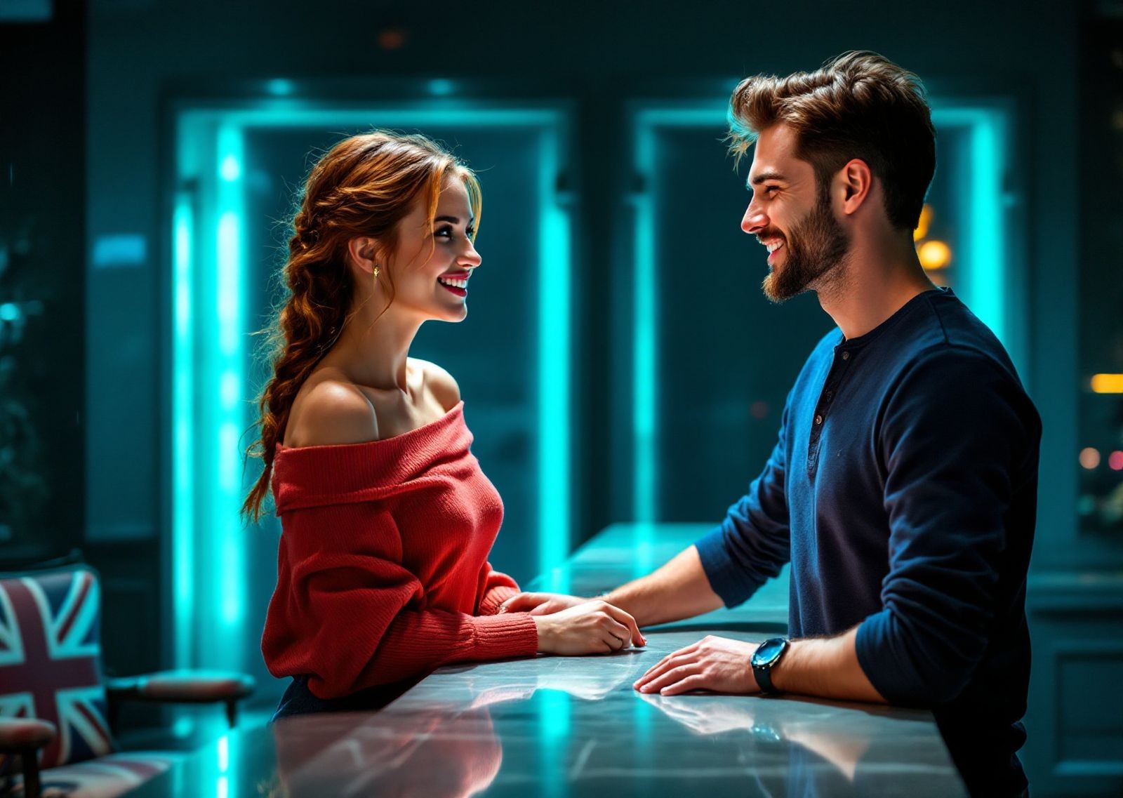 Hands holding a smartphone on a sunlit train table beside a takeaway coffee, teal and coral tones